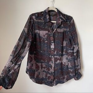 Rachel Roy Camouflage Silk Sheer Sleeve Blouse